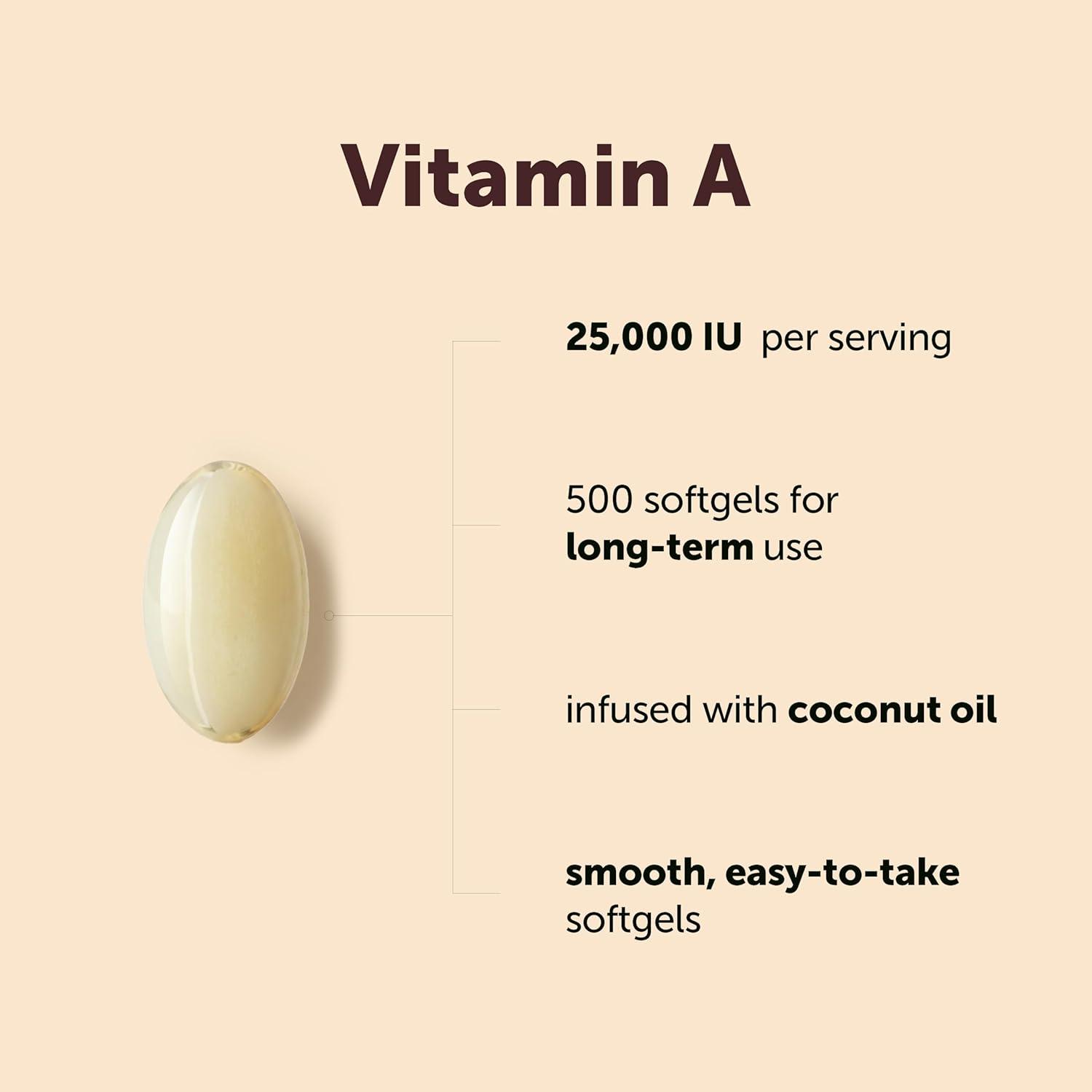 image:imageMaximum Strength Vitamin A 25000 IU 500 Softgels with Coconut Oil for Better Absorption Essential Vitamins NonGMO Easy to Swallow