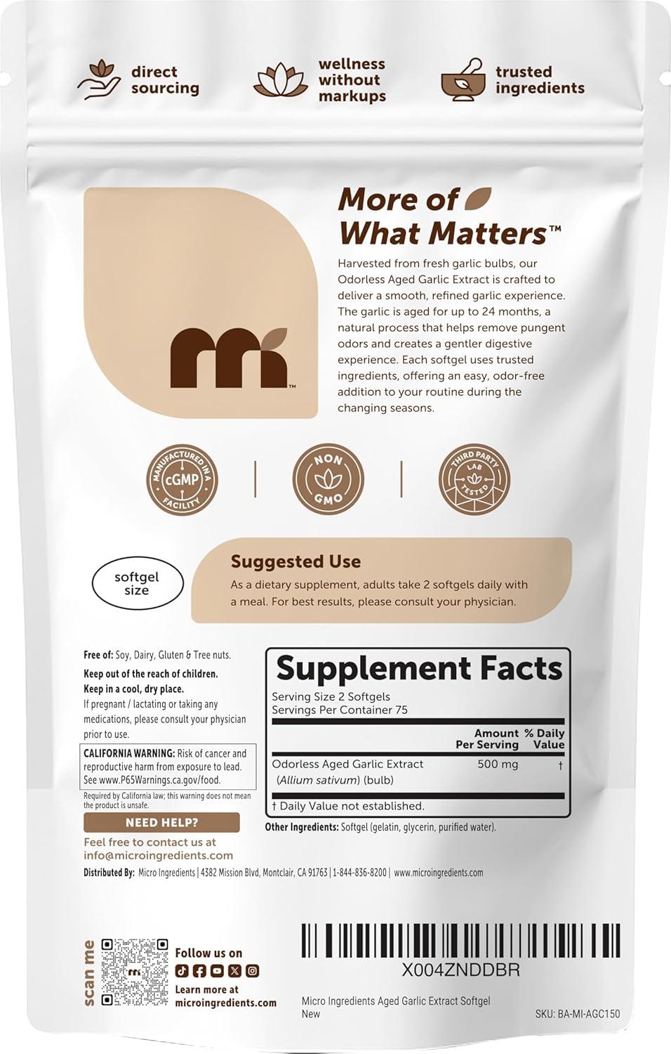 image:imageMicro Ingredients Odorless Garlic 300 Softgels 2 Years Aged Garlic Extract Grown Allium Sativum Bulb Natural Herbal Supplements NonGMO Gluten Free150 Count Pack of 1