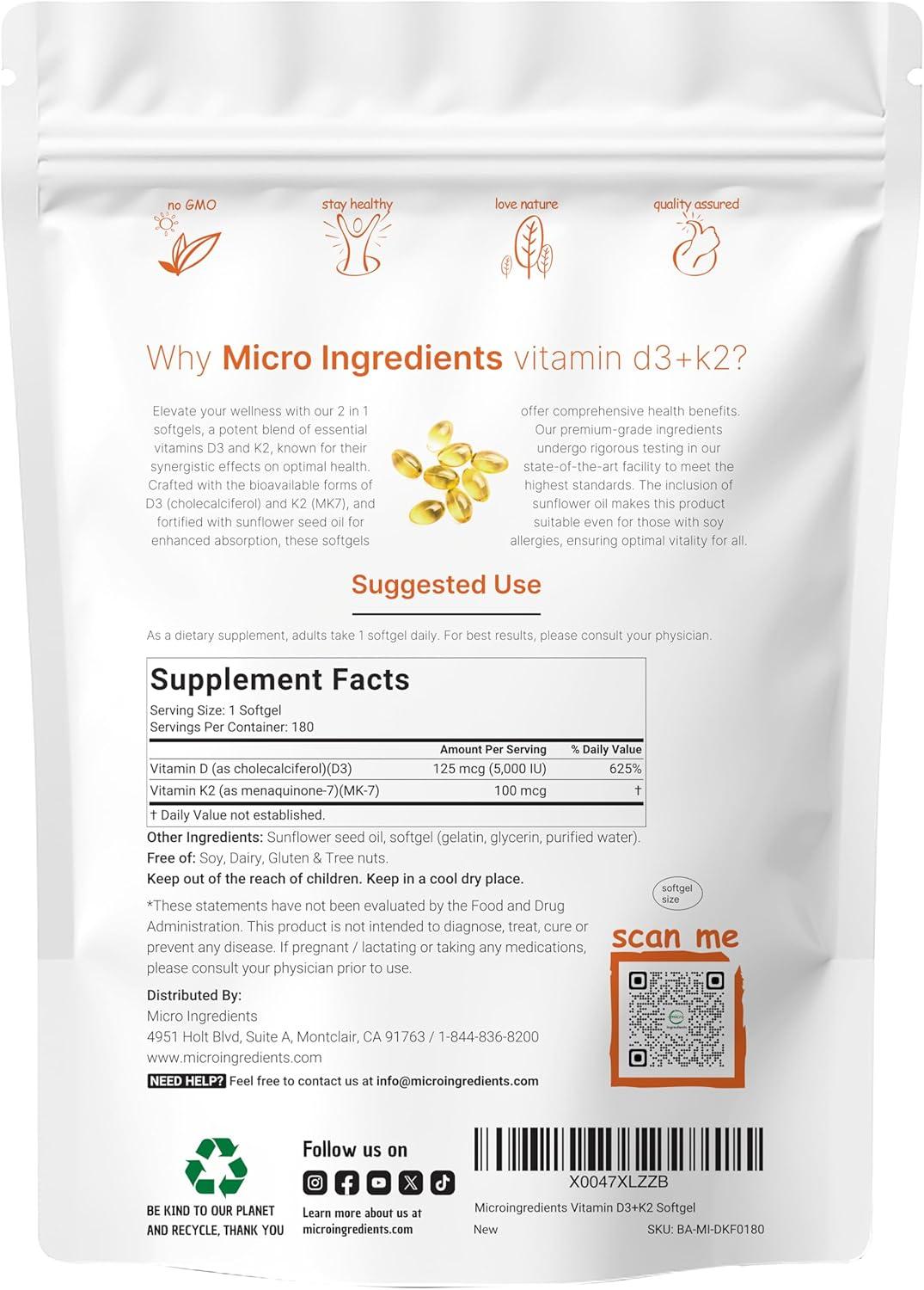 image:imageMicro Ingredients Vitamin D3 5000 IU K2 MK7 100 mcg 300 Softgels 2in1 Vitamins D amp K Complex Extra Strength Easy to Swallow NonGMO Gluten Free180 Count Pack of 1