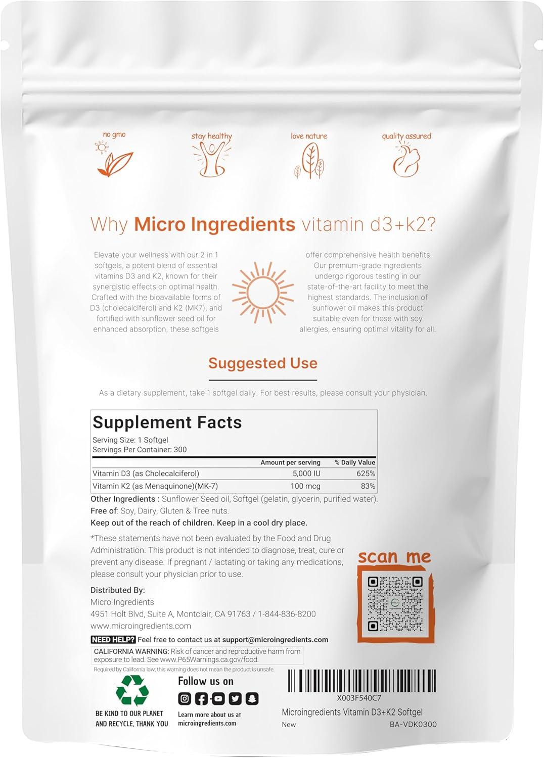 image:imageMicro Ingredients Vitamin D3 5000 IU K2 MK7 100 mcg 300 Softgels 2in1 Vitamins D amp K Complex Extra Strength Easy to Swallow NonGMO Gluten Free300 Count Pack of 1