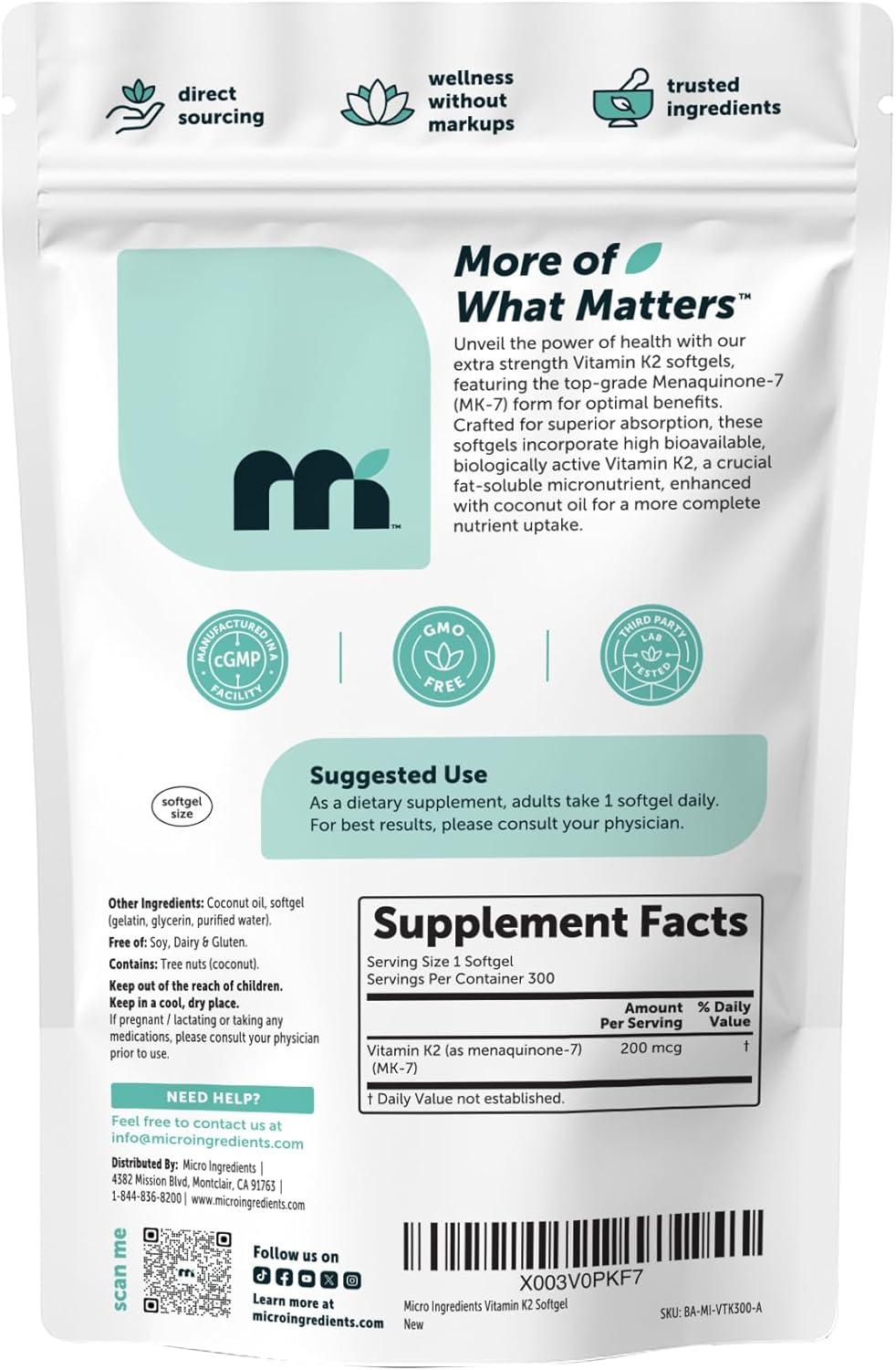 image:imageMicro Ingredients Vitamin K2 MK7 200 mcg Per Serving 300 Coconut Oil Softgels K2 Vitamin Supplement with Coconut Oil NonGMO