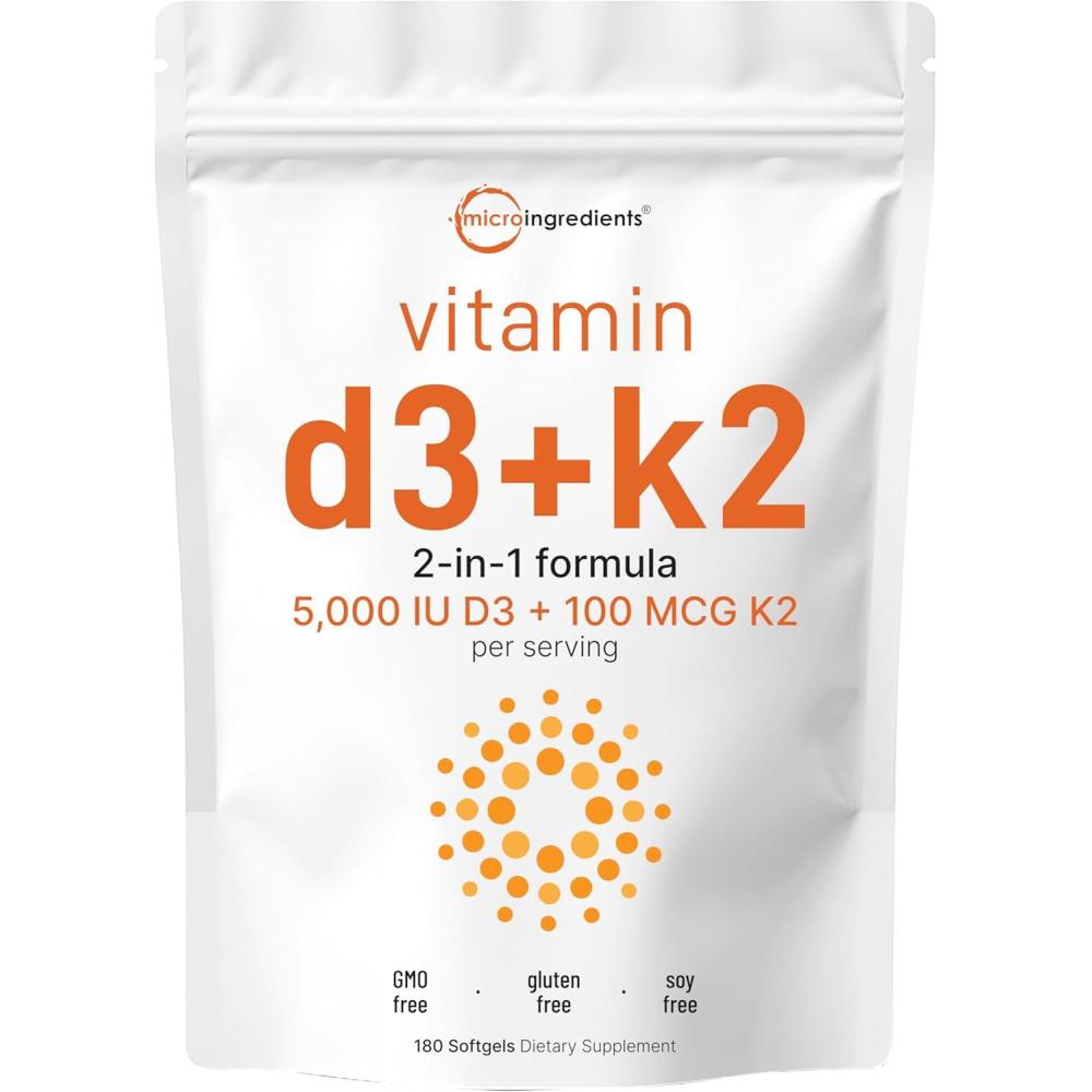 image:imageMicro Ingredients Vitamin D3 5000 IU  K2 MK7 100 mcg 300 Softgels  2in1 Vitamins D amp K Complex  Extra Strength Easy to Swallow NonGMO Gluten Free180 Count Pack of 1