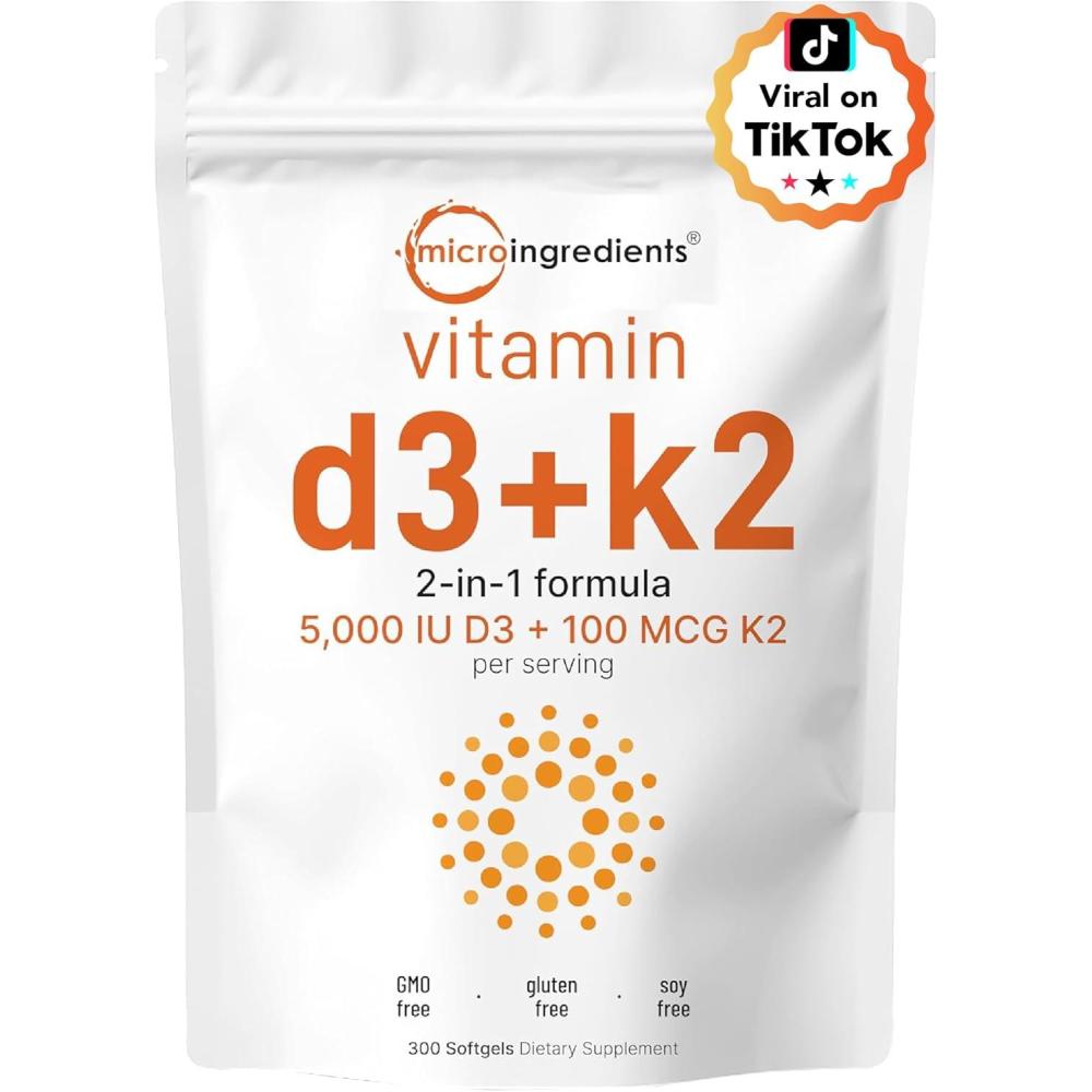 image:imageMicro Ingredients Vitamin D3 5000 IU  K2 MK7 100 mcg 300 Softgels  2in1 Vitamins D amp K Complex  Extra Strength Easy to Swallow NonGMO Gluten Free300 Count Pack of 1