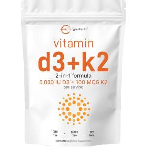Micro Ingredients Vitamin D3 5,000 IU + K2 MK-7 100 mcg, 300 Softgels | 2-in-1 Vitamins D & K Complex | Extra Strength, Easy to Swallow, Non-GMO, Gluten Free(180 Count (Pack of 1))