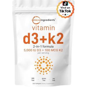 Micro Ingredients Vitamin D3 5,000 IU + K2 MK-7 100 mcg, 300 Softgels | 2-in-1 Vitamins D & K Complex | Extra Strength, Easy to Swallow, Non-GMO, Gluten Free(300 Count (Pack of 1))