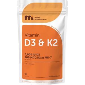 Micro Ingredients Vitamin D3 5,000 IU + K2 MK-7 100 mcg, 300 Softgels | 2-in-1 Vitamins D & K Complex | Extra Strength, Easy to Swallow, Non-GMO, Gluten Free(90 Count (Pack of 1))