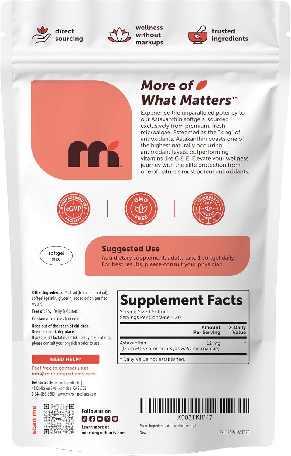 image:imageMicro Ingredients Astaxanthin 12mg with MCT Oil 45 Softgels Premium Astaxanthin Antioxidant Supplements Fresh Microalgae Source Triple Strength NonGMO Gluten Free No Soy120 Count Pack of 1