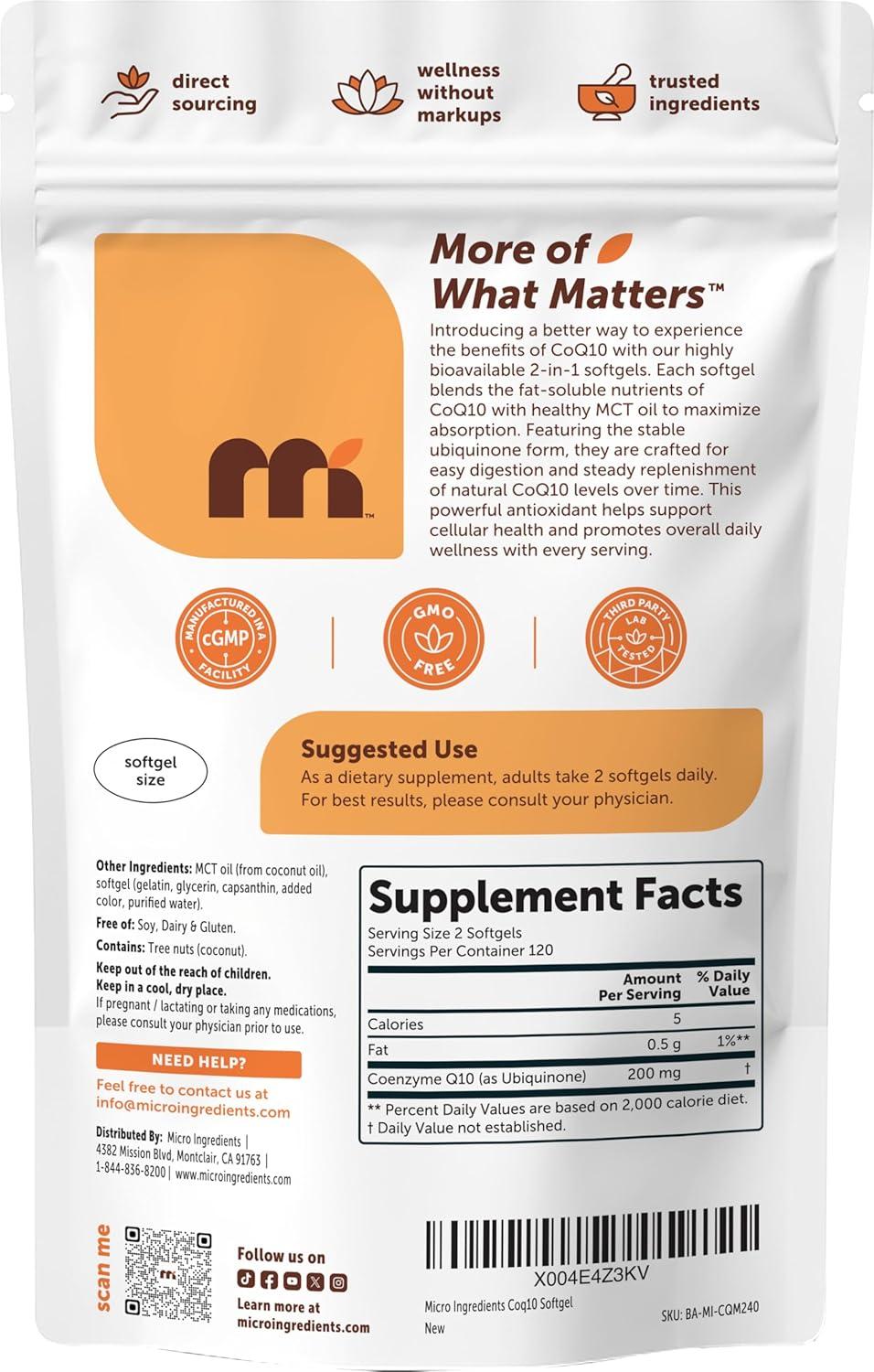 image:imageMicro Ingredients CoQ10 200mg Per Serving 240 Softgels Made with Coconut MCT Oil Coenzyme Q10 Ubiquinone NonGMO