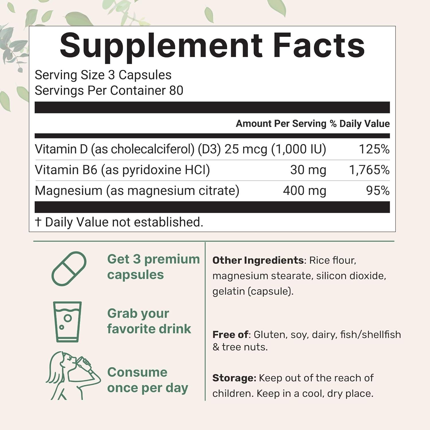 image:imageMicro Ingredients Magnesium Citrate 400mg 240 Capsules with Vitamin D3 1000IU amp B6 Muscle Heart amp Digestive Health Elemental Mineral amp Vitamins Complex NonGMO