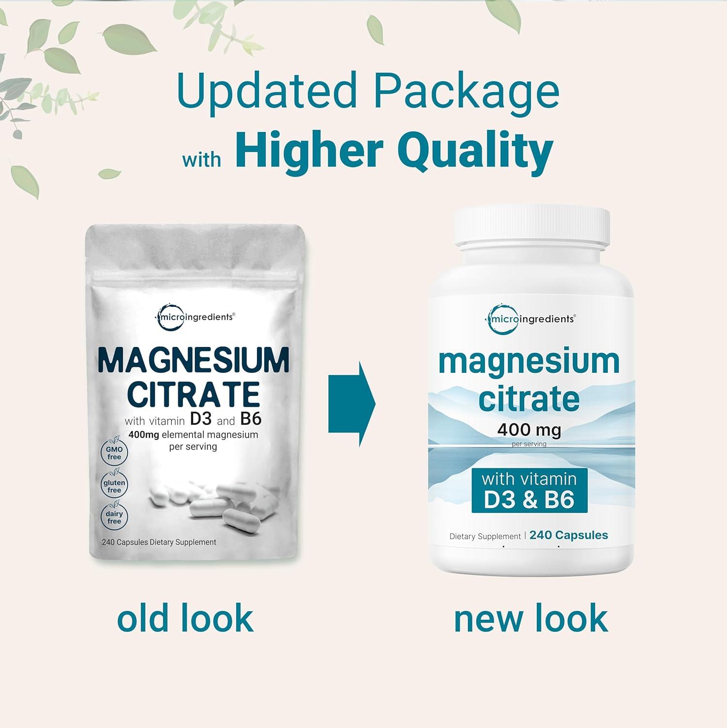 image:imageMicro Ingredients Magnesium Citrate 400mg 240 Capsules with Vitamin D3 1000IU amp B6 Muscle Heart amp Digestive Health Elemental Mineral amp Vitamins Complex NonGMO