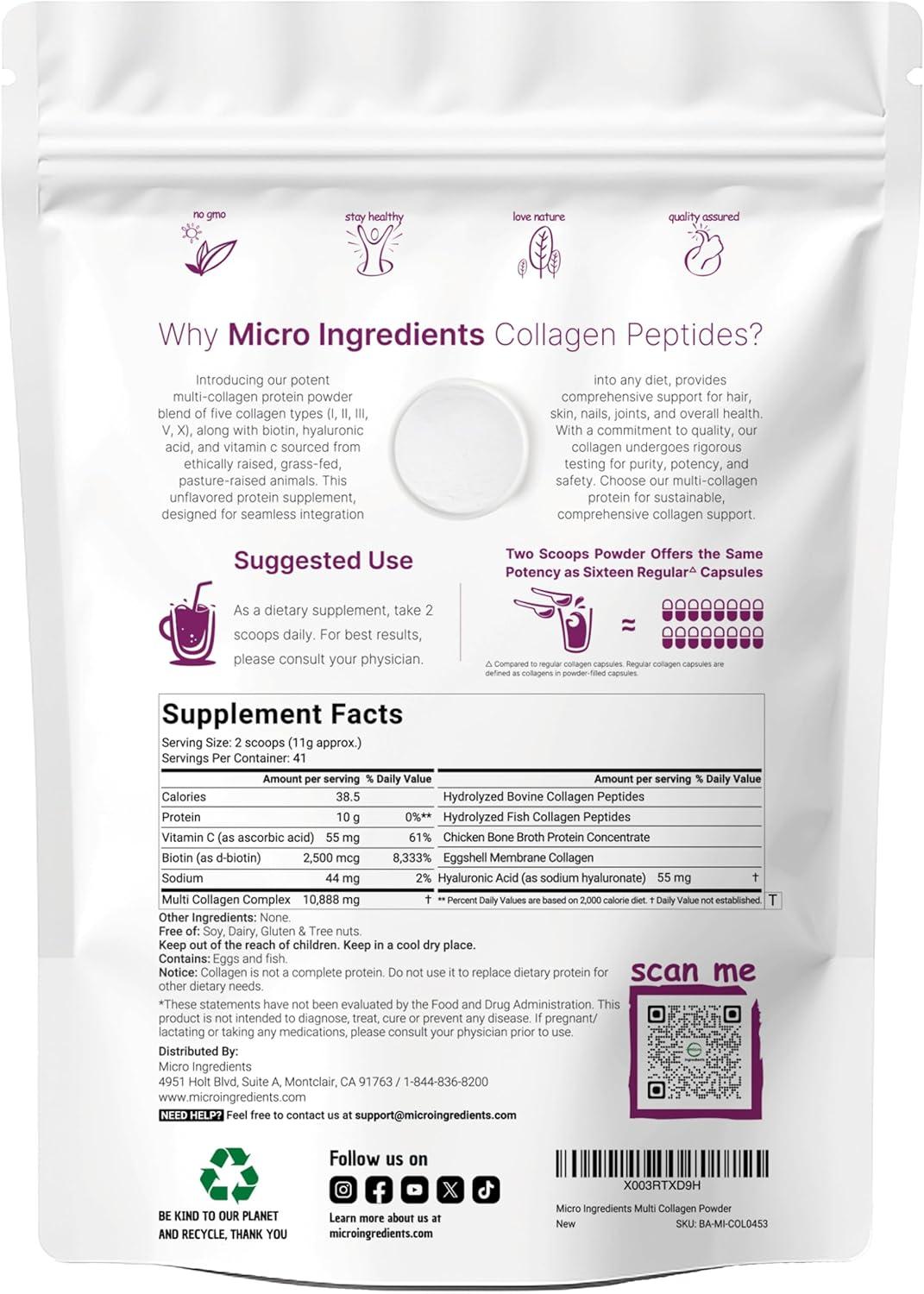 image:imageMicro Ingredients Multi Collagen Peptides Powder 1lb Hydrolyzed Type IIIIIIVX with Biotin Hyaluronic Acid Vitamin C Unflavored Collagen for Women amp Men Easy Dissolve 41 Servings1 Pound Pack of 1