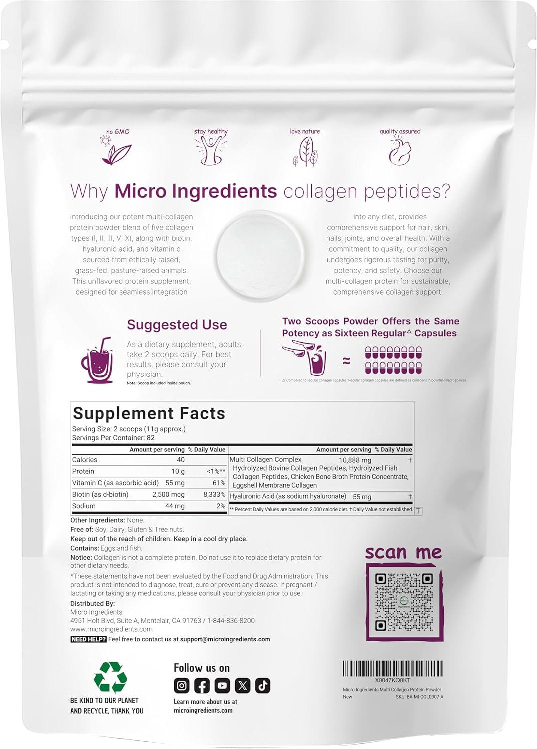 image:imageMicro Ingredients Multi Collagen Peptides Powder 1lb Hydrolyzed Type IIIIIIVX with Biotin Hyaluronic Acid Vitamin C Unflavored Collagen for Women amp Men Easy Dissolve 41 Servings2 Pound Pack of 1