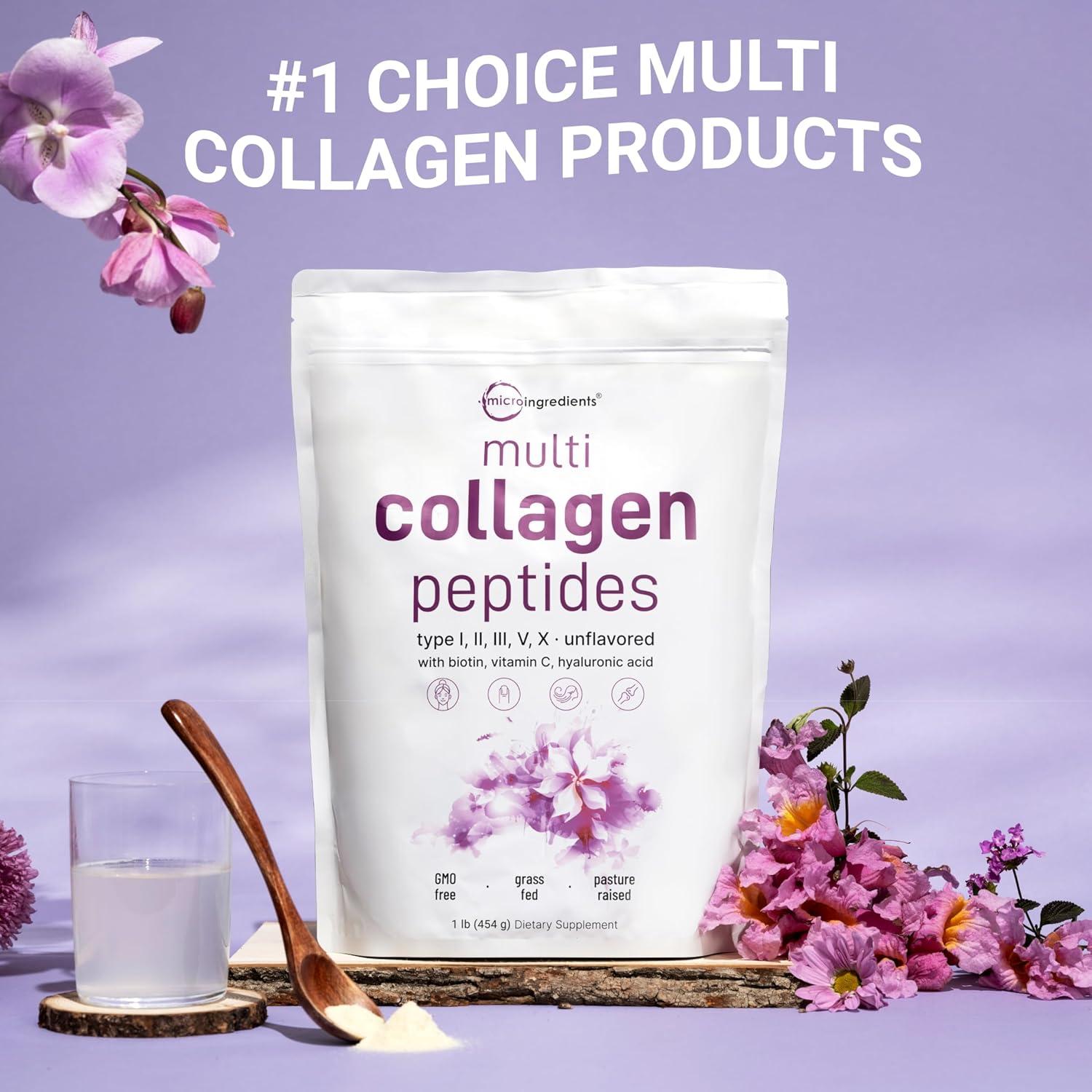 image:imageMicro Ingredients Multi Collagen Peptides Powder 1lb Hydrolyzed Type IIIIIIVX with Biotin Hyaluronic Acid Vitamin C Unflavored Collagen for Women amp Men Easy Dissolve 41 Servings1 Pound Pack of 1