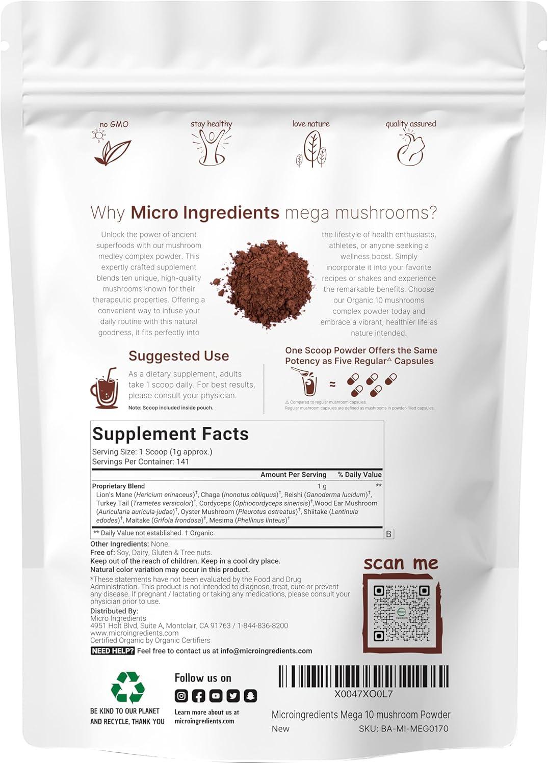 image:imageMicro Ingredients Organic Mega Mushroom Powder10 Ounce 284 Days Supply 10 in 1 Complex Formula for Immune System Booster Chaga Lions Mane Cordyceps Reishi amp More Filler Free Vegan5 Ounce Pack of 1