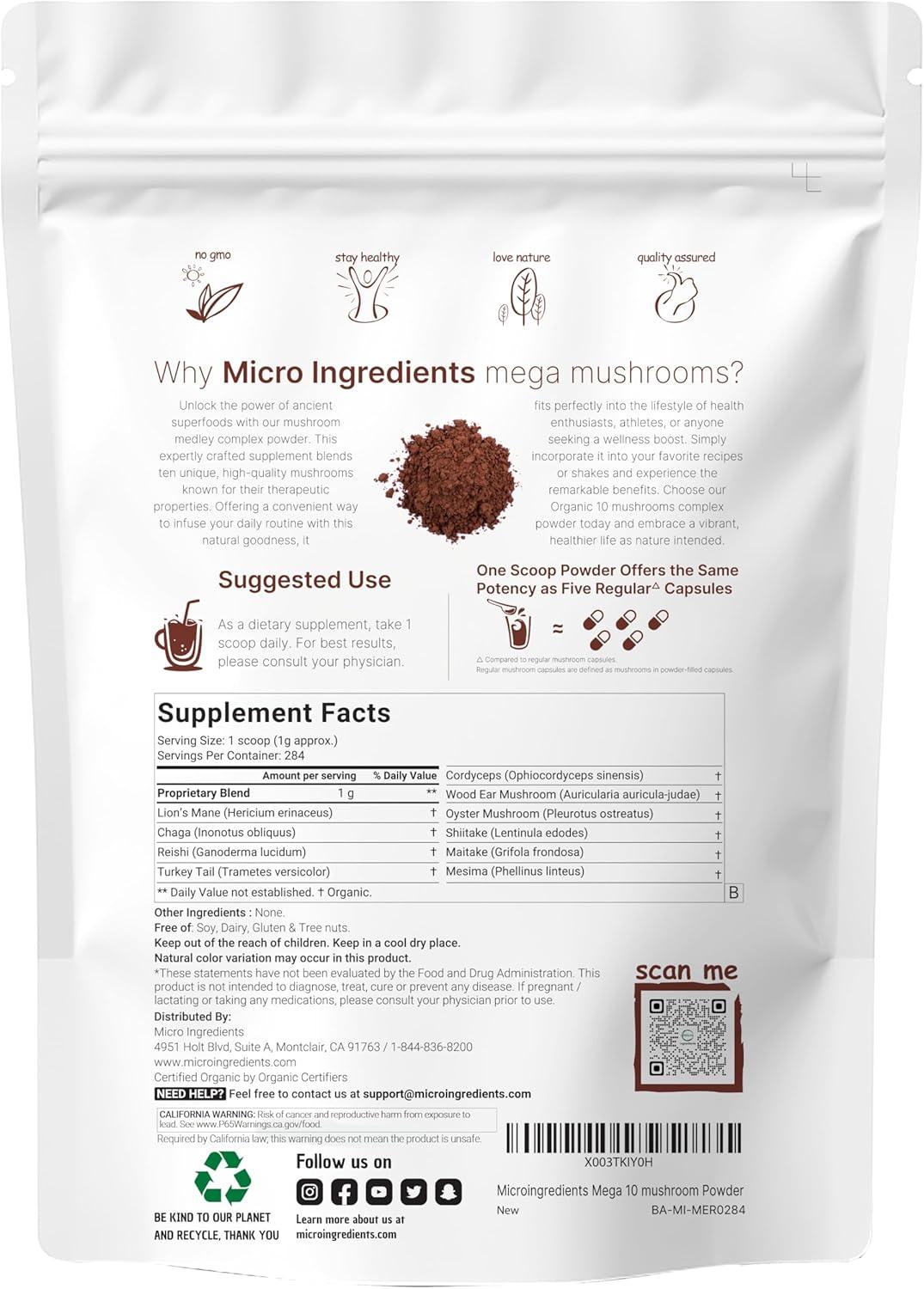 image:imageMicro Ingredients Organic Mega Mushroom Powder10 Ounce 284 Days Supply 10 in 1 Complex Formula for Immune System Booster Chaga Lions Mane Cordyceps Reishi amp More Filler Free Vegan10 Ounce Pack of 1
