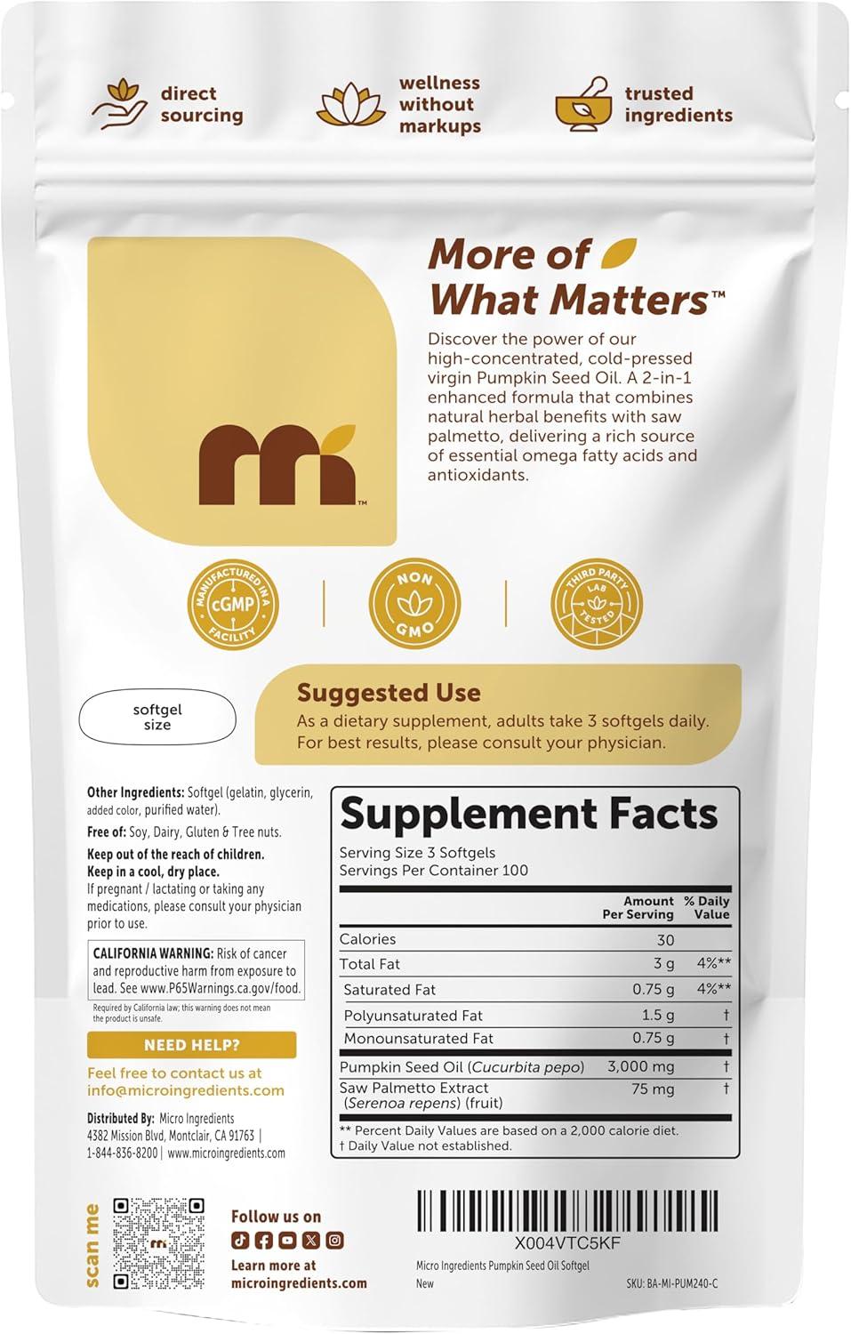 image:imageMicro Ingredients Pumpkin Seed Oil with Saw Palmetto 75 Softgels Cold Pressed Pure Virgin Oil Essential Fatty Acids amp Phytosterols Natural Herbal Supplement NonGMO300 Count Pack of 1
