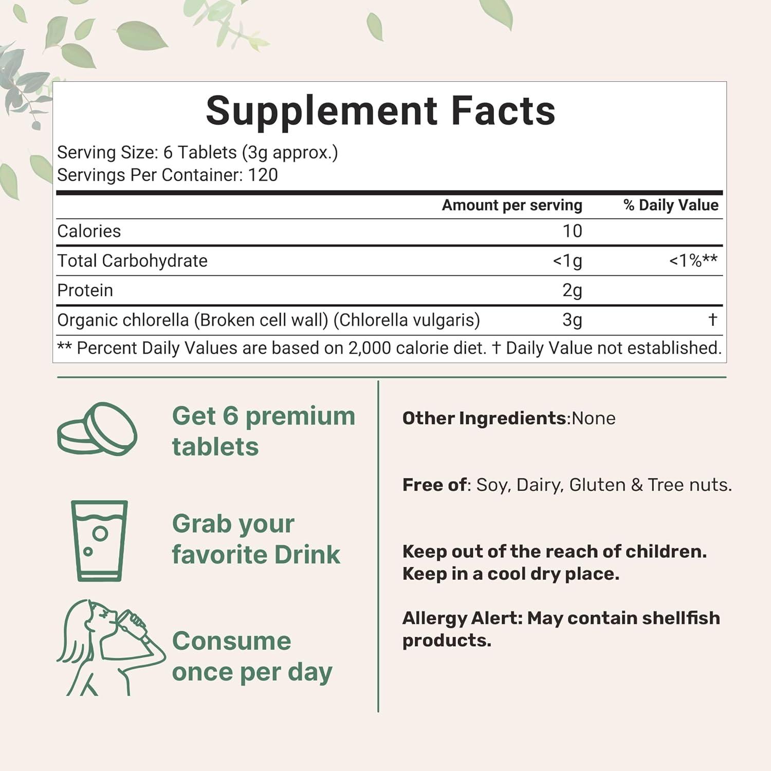 image:imageOrganic Chlorella Tablets 500mg Per Tablet 720 Tabs 360 Grams 4 Months Supply Broken Cell Wall Rich in Vegan Protein amp Vitamins No Filler No Additives amp NonGMO Pure Green Algae Superfood