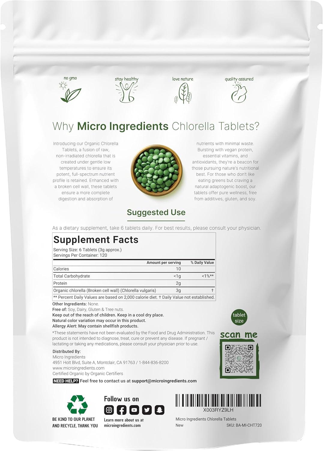 image:imageOrganic Chlorella Tablets 500mg Per Tablet 720 Tabs 360 Grams 4 Months Supply Broken Cell Wall Rich in Vegan Protein amp Vitamins No Filler No Additives amp NonGMO Pure Green Algae Superfood