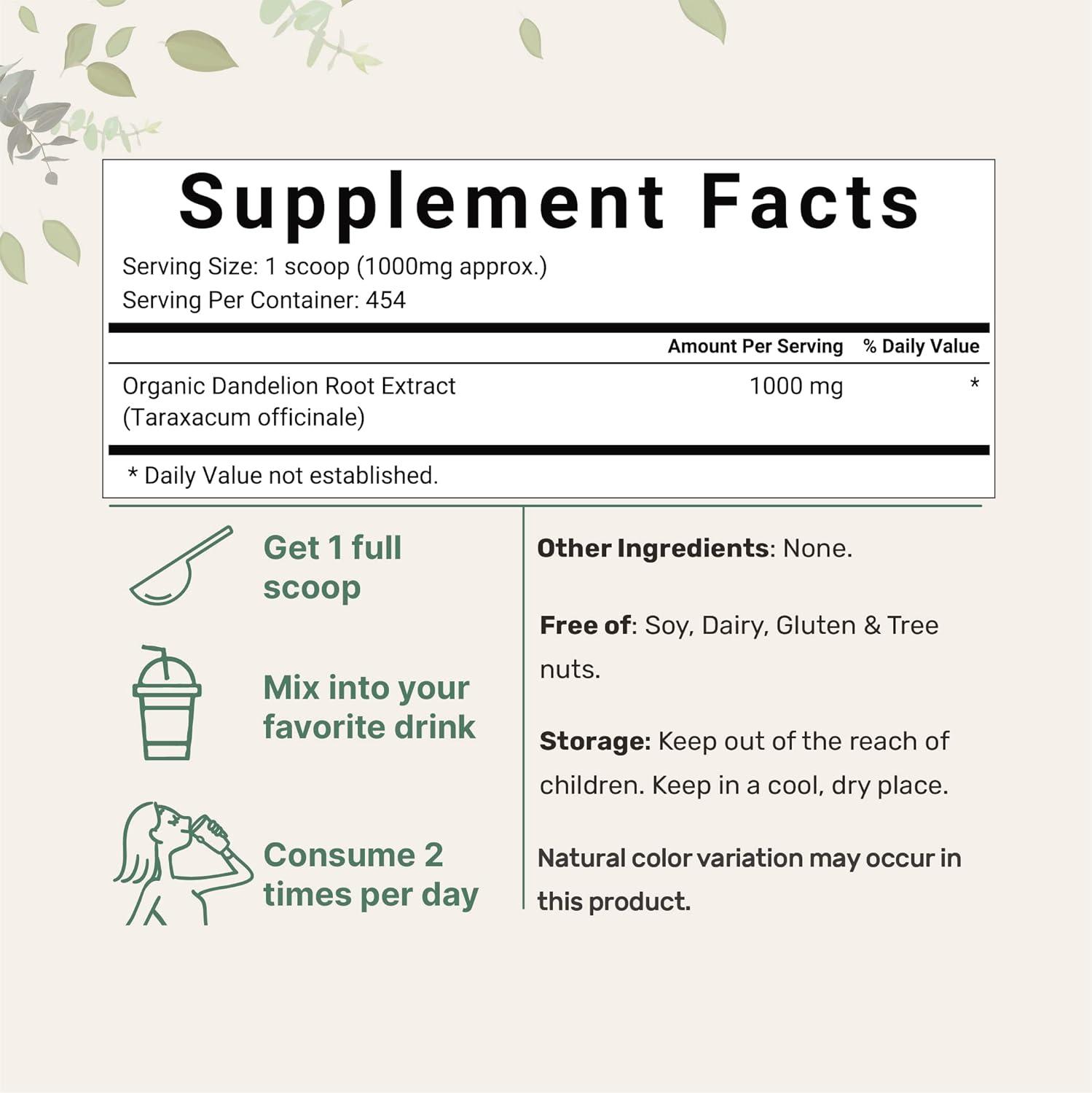 image:imageOrganic Dandelion Root Tea Powder 1lb Up to 450 Servings Premium Source for Daily Beverage 100 Pure Dandelion Supplement Caffeine Free NonGMO No Sugar EcoFriendly Recyclable Bags16 Ounce Pack of 1