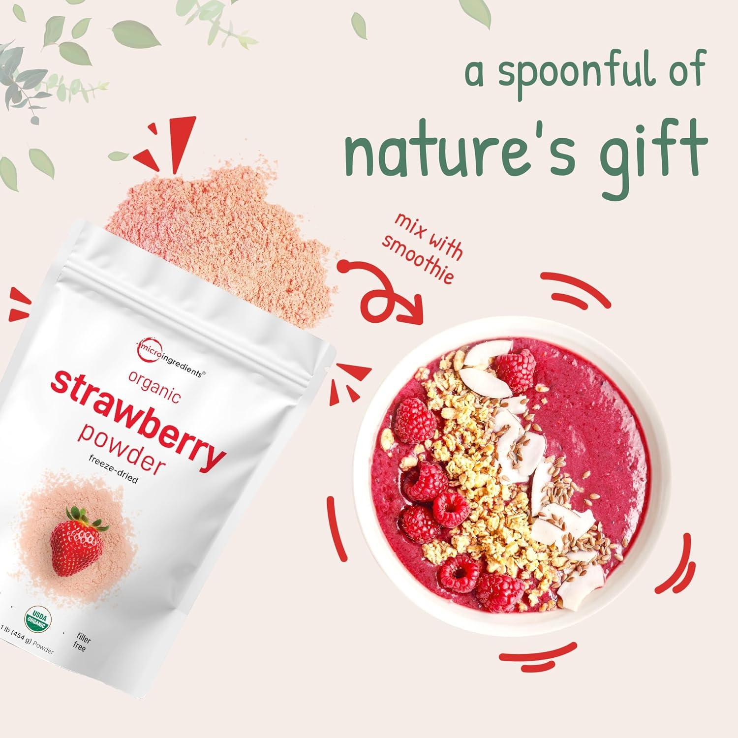 image:imageOrganic Strawberry Powder 1 Lb 100 Natural Fruit Powder FreezeDried Strawberries Source No Sugar amp Additives Great Flavor for Drinks Smoothie amp Beverages NonGMO amp Vegan Friendly