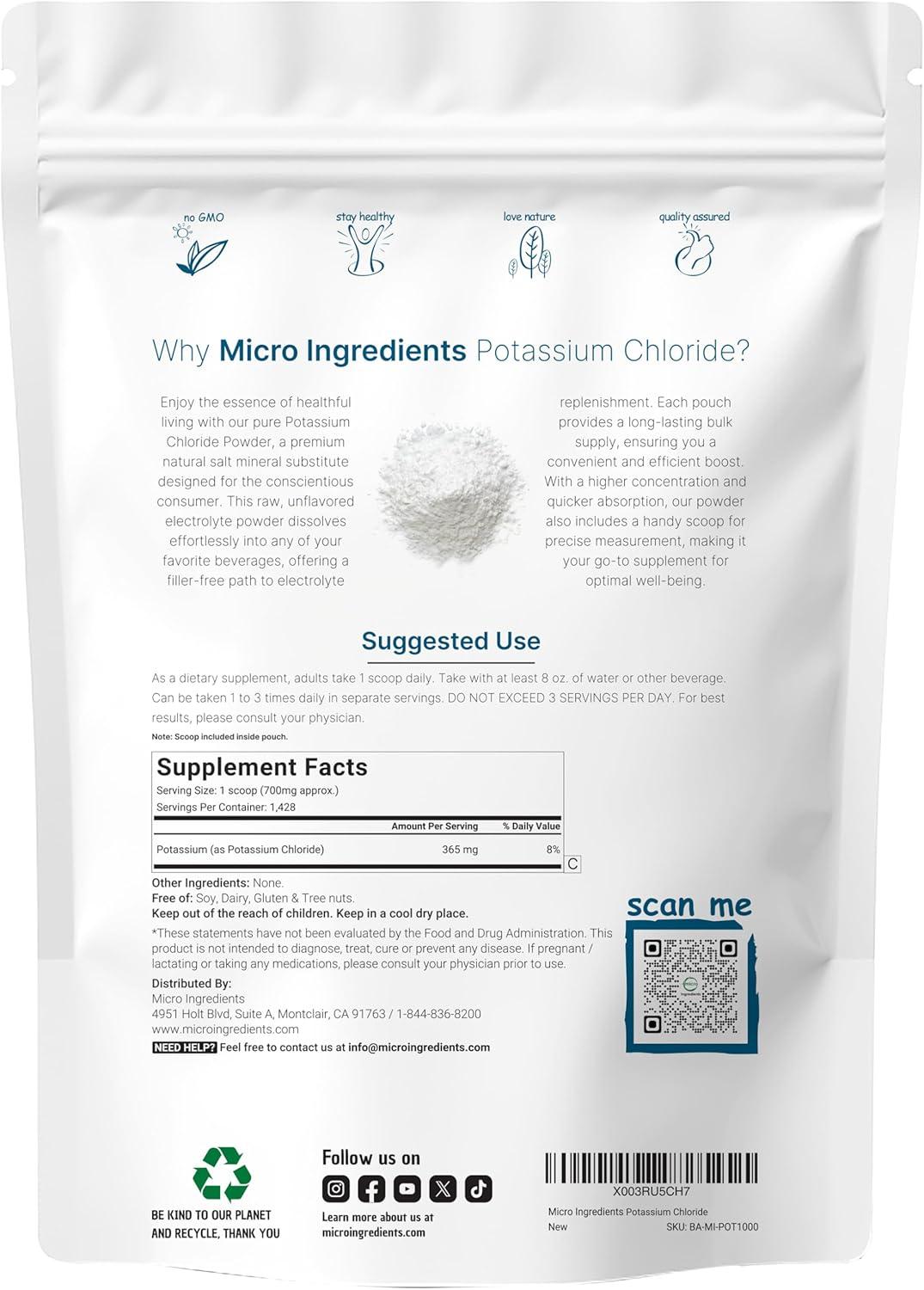 image:imagePotassium Chloride Powder 1 KG 35 Ounce Salt Substitute amp Essential Hydration Electrolyte Supplement Supports Mineral Balance Heart Joint and Immune Health Filler Free Dissolves Easily