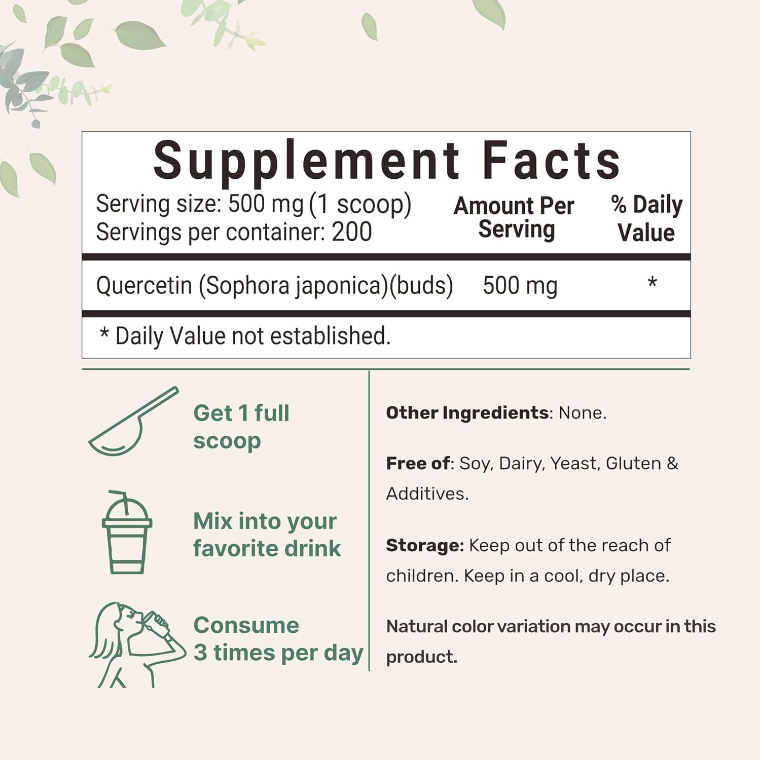 image:imagePure Quercetin Dihydrate Powder Quercetin 500mg Per Serving 100 Grams Most Bioavailable Grade and Filler Free Powerful Antioxidant Supports Energy Immune System No GMOs and Vegan