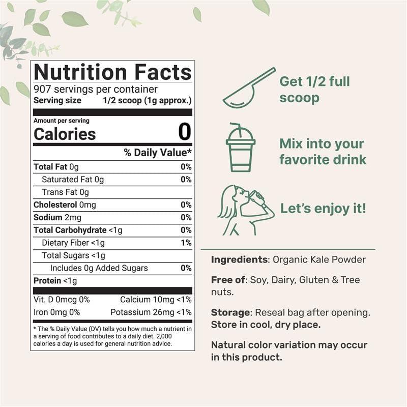 image:imageSustainably US Grown Organic Kale Powder 2 Pounds Fresh Freeze Dried Source NutrientDense Greens Superfood Kale Tea and Green Drink Mix 907 Servings No GMOs Vegan Friendly