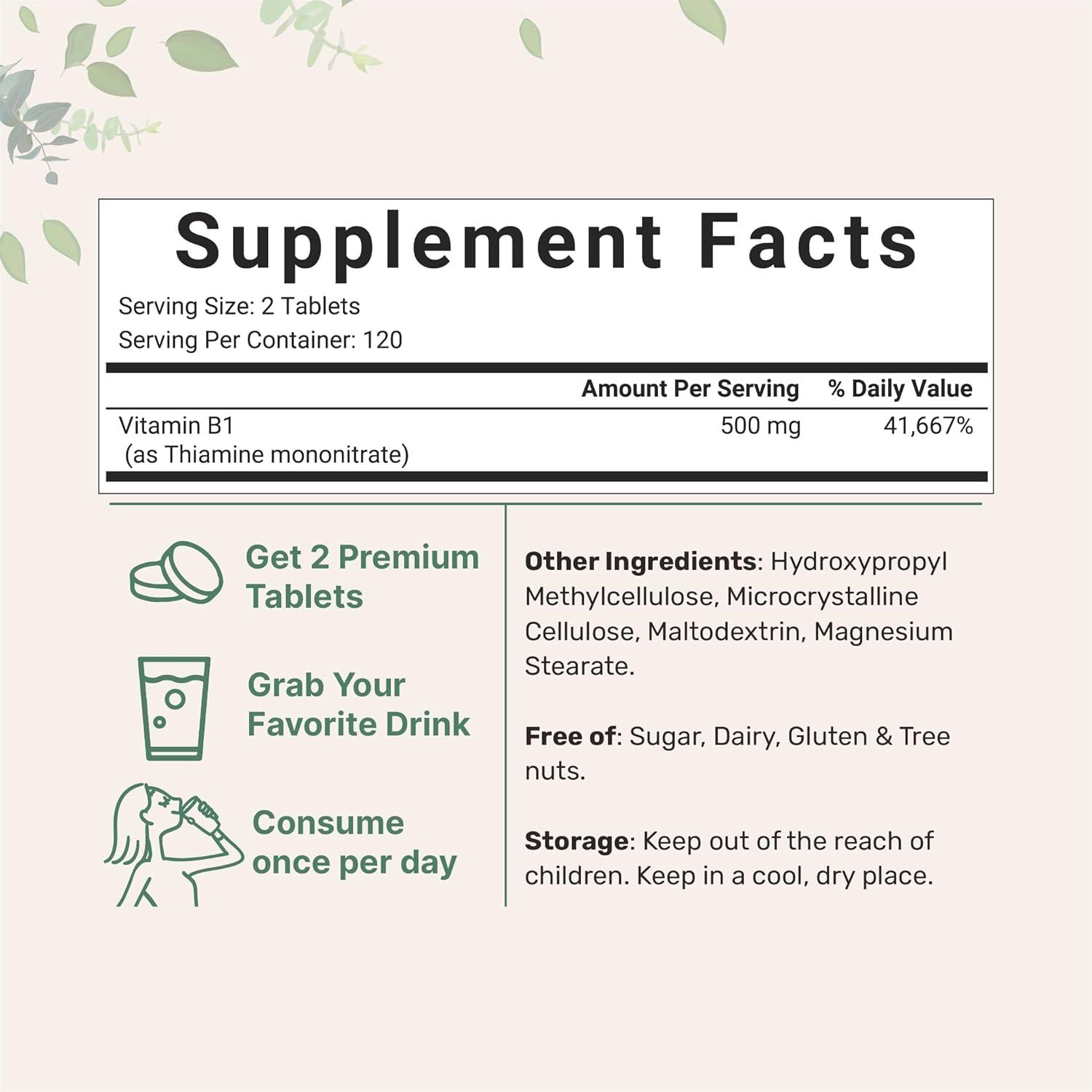 image:imageVitamin B1 500mg Per Serving 240 Tablets Vitamin B1 Thiamine Supplement Essential B Vitamins Supports Metabolism amp Healthy Nervous System NonGMO Easy to Swallow