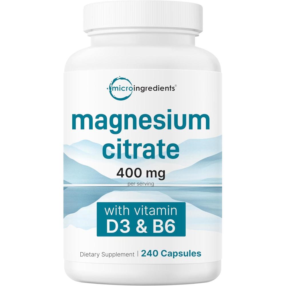 image:imageMicro Ingredients Magnesium Citrate 400mg 240 Capsules with Vitamin D3 1000IU amp B6 Muscle Heart amp Digestive Health Elemental Mineral amp Vitamins Complex NonGMO