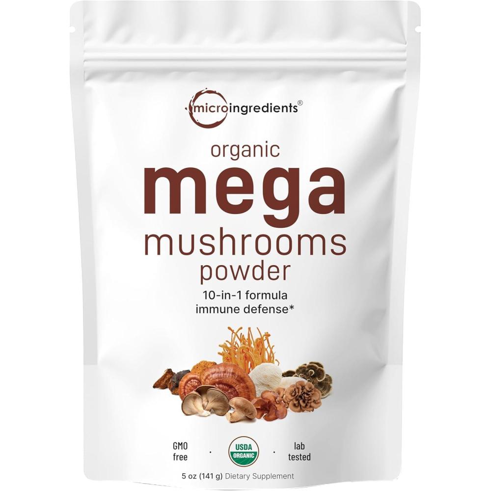 image:imageMicro Ingredients Organic Mega Mushroom Powder10 Ounce 284 Days Supply 10 in 1 Complex Formula for Immune System Booster Chaga Lions Mane Cordyceps Reishi amp More Filler Free Vegan5 Ounce Pack of 1