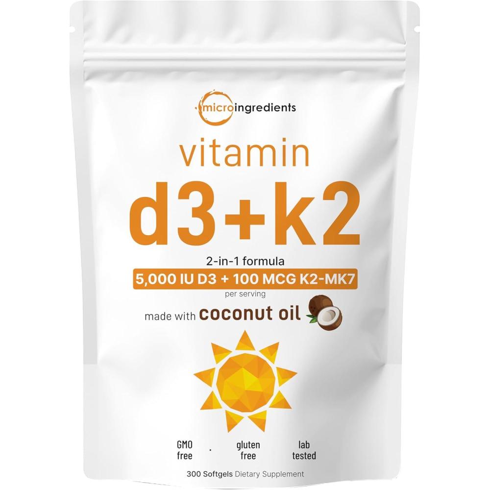 image:imageMicro Ingredients Vitamin D3 5000 IU K2 MK7 100 mcg 300 Softgels Virgin Coconut Oil 2in1 Support Easy to Swallow NonGMO