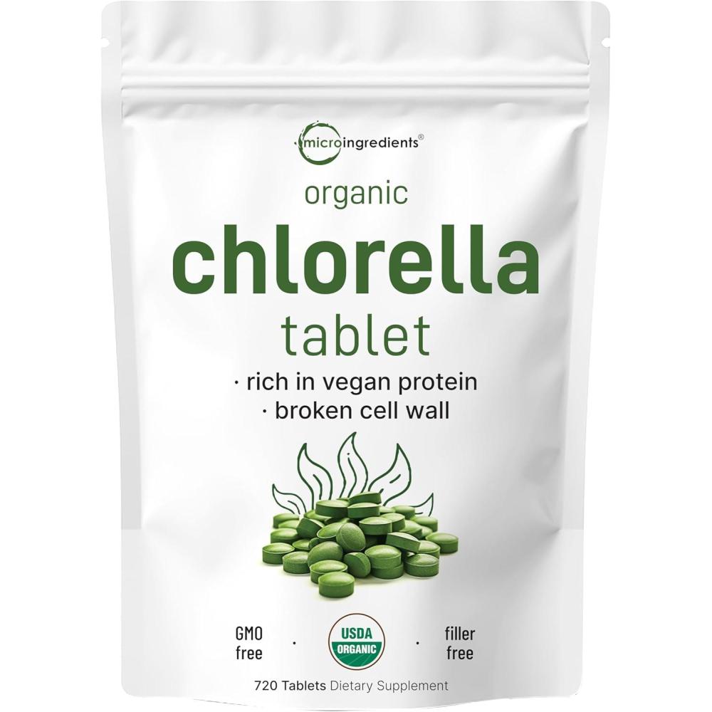 image:imageOrganic Chlorella Tablets 500mg Per Tablet 720 Tabs 360 Grams 4 Months Supply Broken Cell Wall Rich in Vegan Protein amp Vitamins No Filler No Additives amp NonGMO  Pure Green Algae Superfood