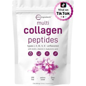 Micro Ingredients Multi Collagen Peptides Powder, 1lb – Hydrolyzed Type I,II,III,V,X with Biotin, Hyaluronic Acid, Vitamin C – Unflavored Collagen for Women & Men, Easy Dissolve, 41 Servings(1 Pound (Pack of 1))