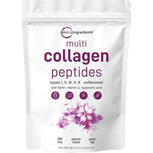 Micro Ingredients Multi Collagen Peptides Powder, 1lb – Hydrolyzed Type I,II,III,V,X with Biotin, Hyaluronic Acid, Vitamin C – Unflavored Collagen for Women & Men, Easy Dissolve, 41 Servings(8 Ounce (Pack of 1))