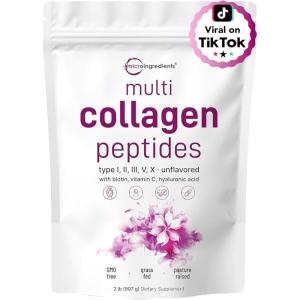 Micro Ingredients Multi Collagen Peptides Powder, 1lb – Hydrolyzed Type I,II,III,V,X with Biotin, Hyaluronic Acid, Vitamin C – Unflavored Collagen for Women & Men, Easy Dissolve, 41 Servings(2 Pound (Pack of 1))