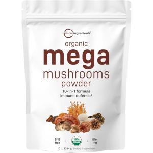 Micro Ingredients Organic Mega Mushroom Powder,10 Ounce (284 Days Supply) | 10 in 1 Complex Formula for Immune System Booster | Chaga, Lions Mane, Cordyceps, Reishi & More | Filler Free, Vegan(10 Ounce (Pack of 1))