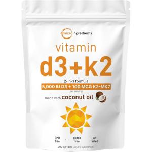 Micro Ingredients Vitamin D3 5,000 IU + K2 MK-7 100 mcg, 300 Softgels | Virgin Coconut Oil | 2-in-1 Support | Easy to Swallow, Non-GMO