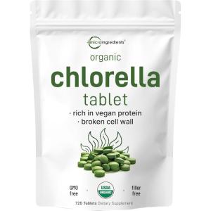 Organic Chlorella Tablets, 500mg Per Tablet, 720 Tabs (360 Grams), 4 Months Supply, Broken Cell Wall, Rich in Vegan Protein & Vitamins, No Filler, No Additives & Non-GMO | Pure Green Algae Superfood