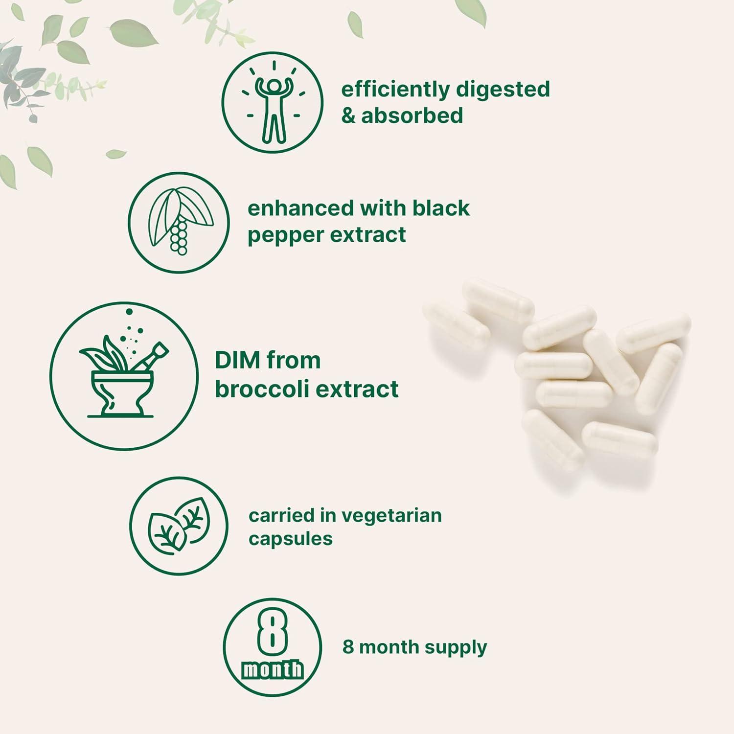 image:imageDIM Active Supplement DIM 300mg 240 Veggie Capsules 8Month Supply 2 in 1 Formula Estrogen Metabolism Premium DIMPlus Broccoli Extract Supplement With Black Pepper for Better Absorption