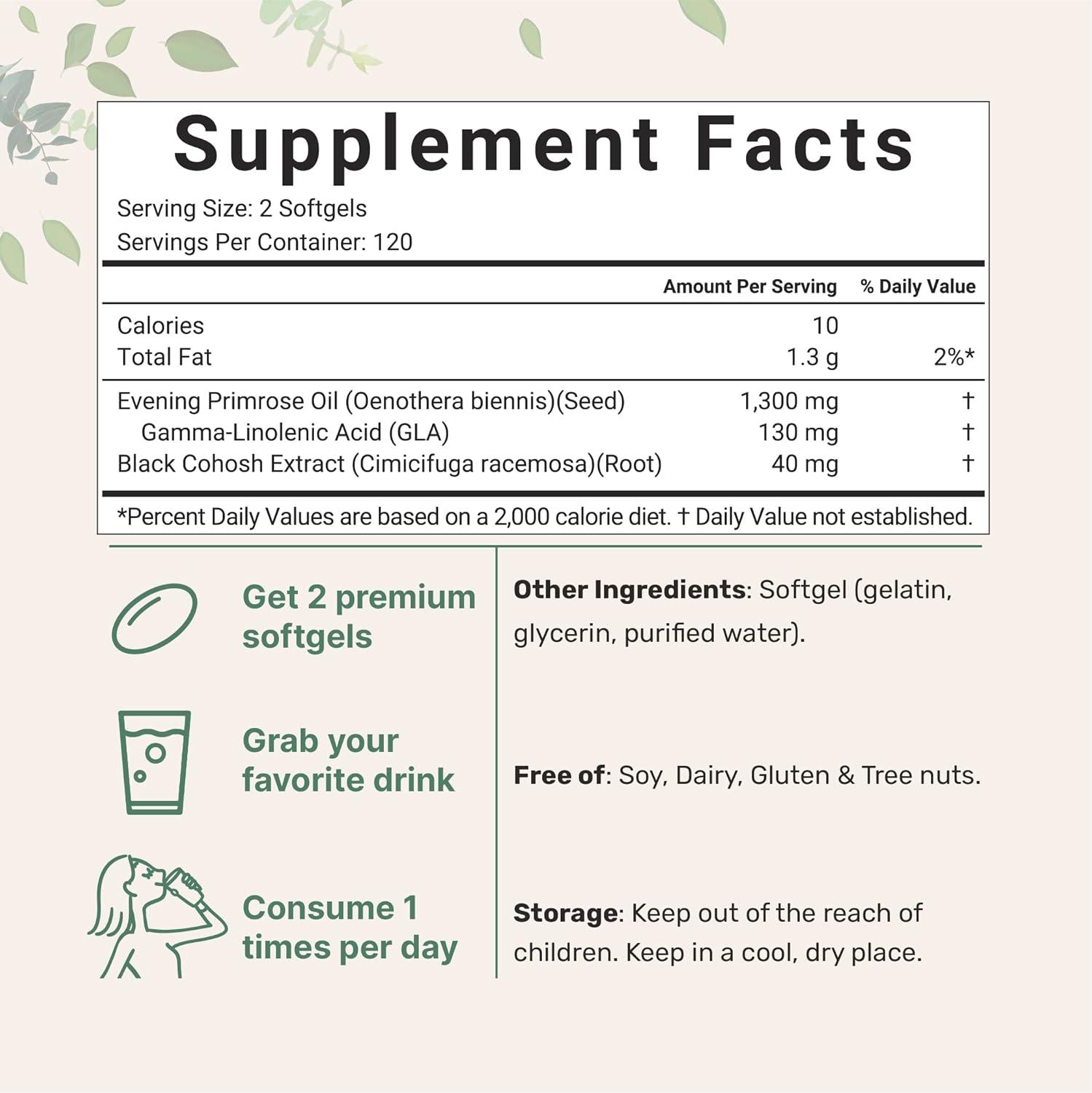 image:imageEvening Primrose Oil 1300mg Per Serving 240 Softgels Enhanced with 40mg Black Cohosh Extract Cold Pressed 10 Active GLA NonGMO No Gluten Easy to Swallow