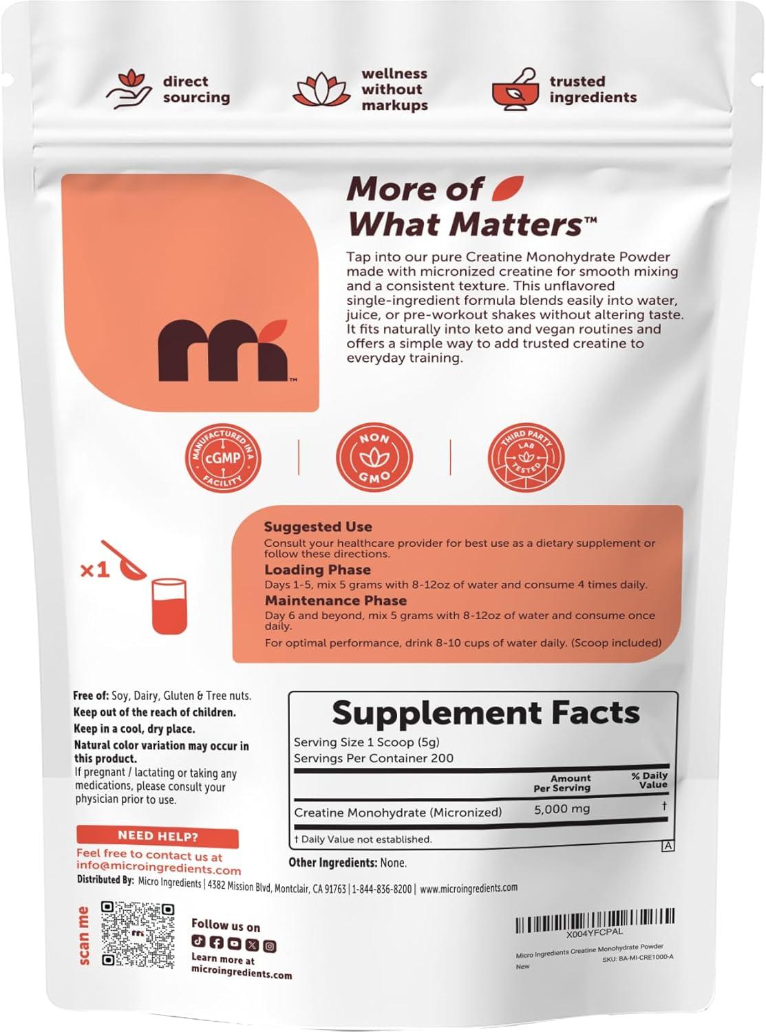 image:imageMicro Ingredients Creatine Monohydrate Powder 1 kg 22 Lbs 5000mg Per Serv Micronized Creatine Powder Unflavored No Filler Keto amp Vegan Easy Dissolve Pre Workout for Women amp Men22 Pound Pack of 1