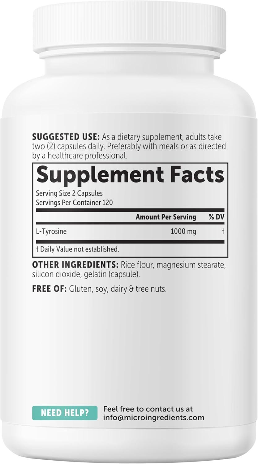 image:imageMicro Ingredients LTyrosine 1000 mg Per Serving 240 Capsules Amino Acid Supplement NonGMO