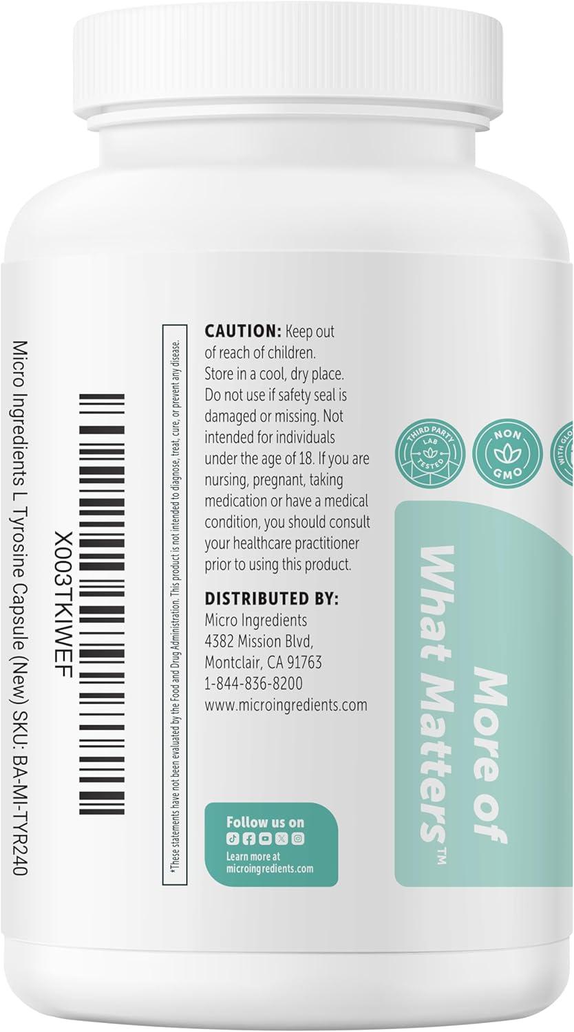 image:imageMicro Ingredients LTyrosine 1000 mg Per Serving 240 Capsules Amino Acid Supplement NonGMO