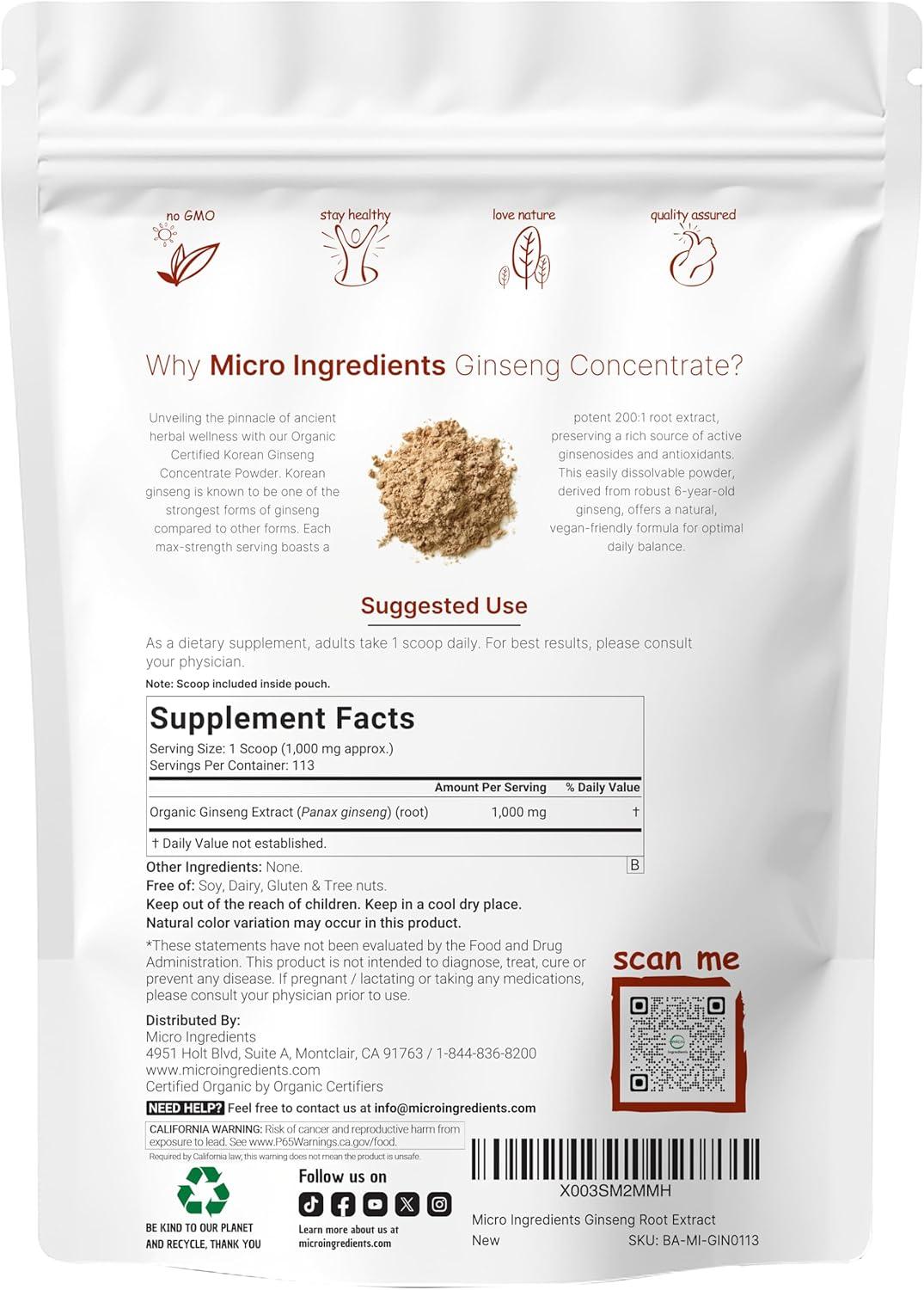 image:imageMicro Ingredients Maximum Strength Organic Korean Ginseng Root 2001 Powder 4 Ounce Red Panax Ginseng Powder Active Ginsenosides Vegan Friendly