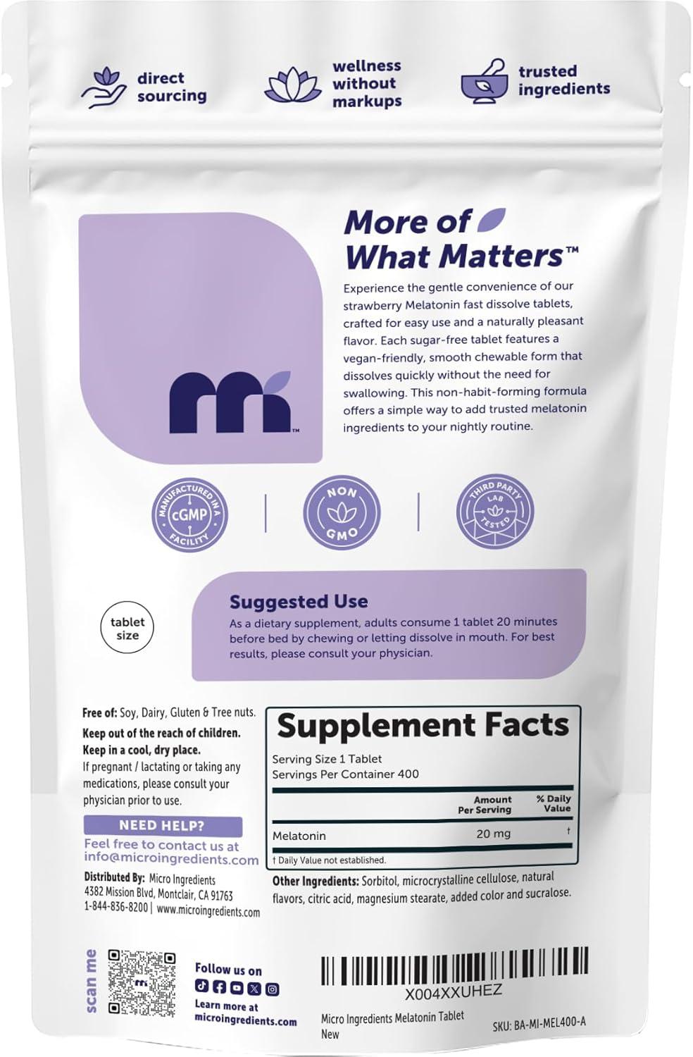 image:imageMicro Ingredients Melatonin 20mg 400 Tablets Strawberry Flavor Fast Dissolve 100 Drug Free Vegetarian Friendly NonGMO No Gluten Sugar Free