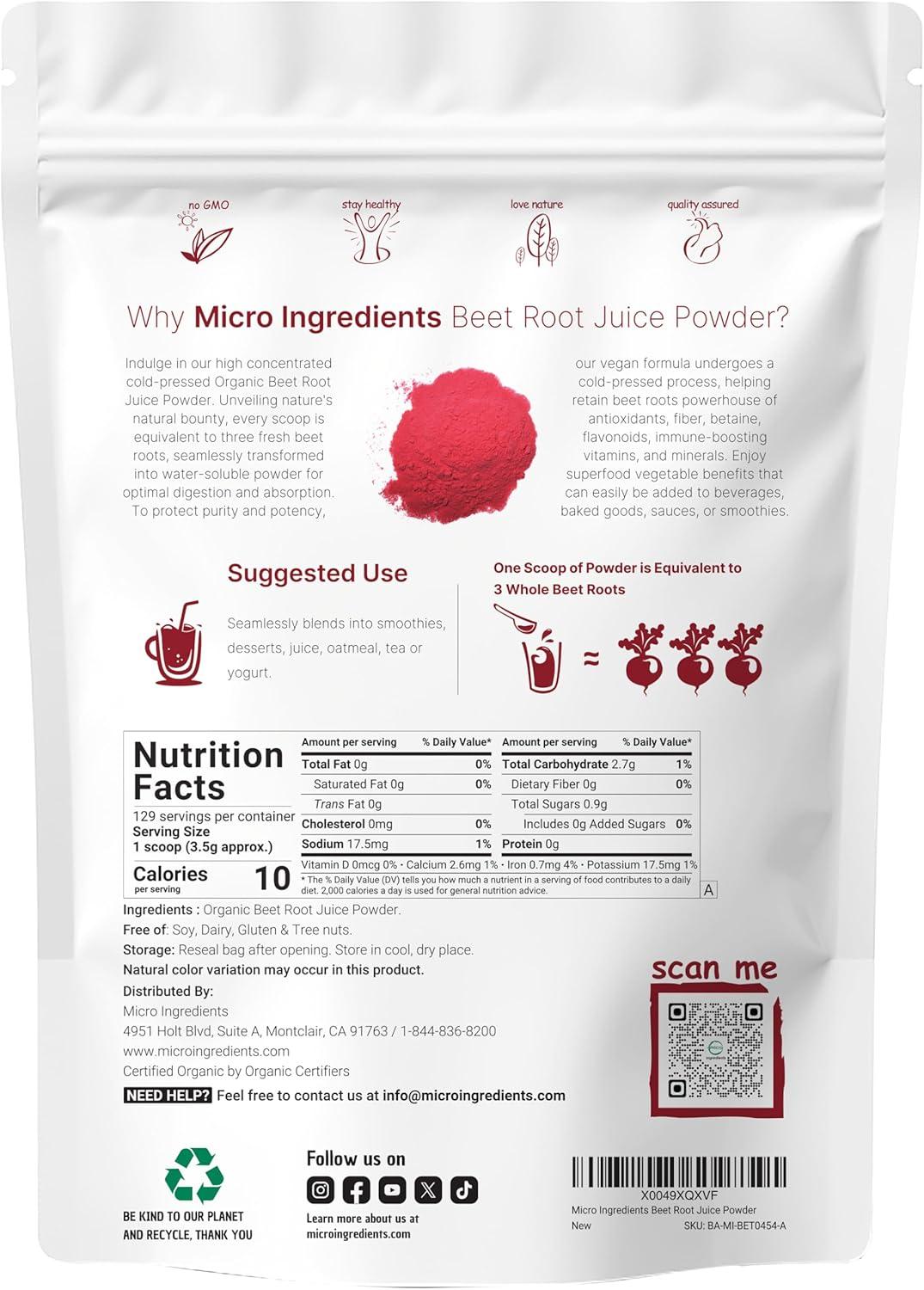 image:imageMicro Ingredients Organic Beet Root Juice Powder 1 Pound Cold Pressed Water Soluble High Concentrated Raw Beet Supplement Superfood Drink Mix NonGMO Vegan Friendly Plant Based