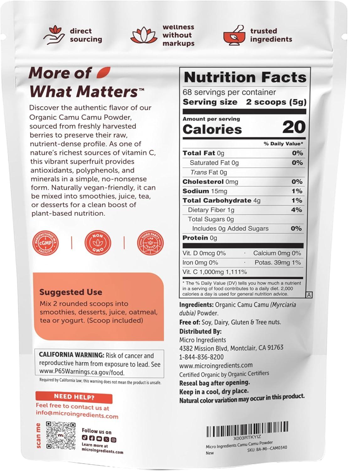 image:imageMicro Ingredients Organic Camu Camu Powder 12 oz Freshly Harvested Berry Source Source of Naturally Occurring Vitamin C NonGMO Vegan Friendly