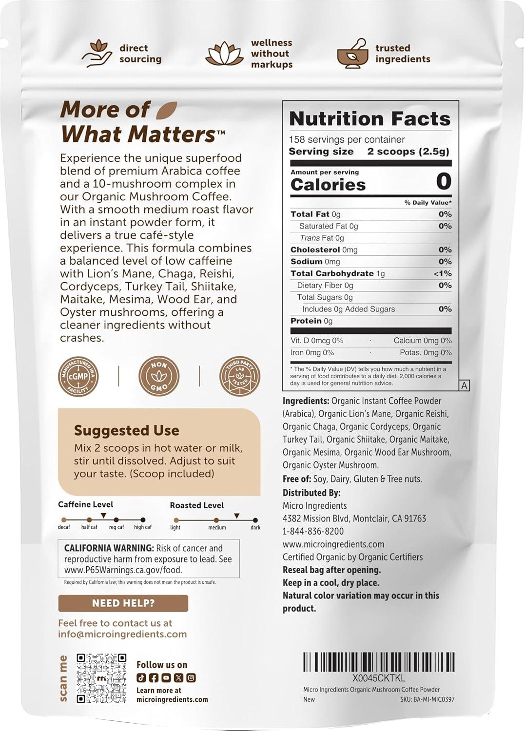 image:imageMicro Ingredients Organic Instant 10 in 1 Mushroom Coffee Powder 28 Ounce 317 Servings Premium Arabica Coffee with Lions Mane Chaga Reishi amp More14 Ounce Pack of 1