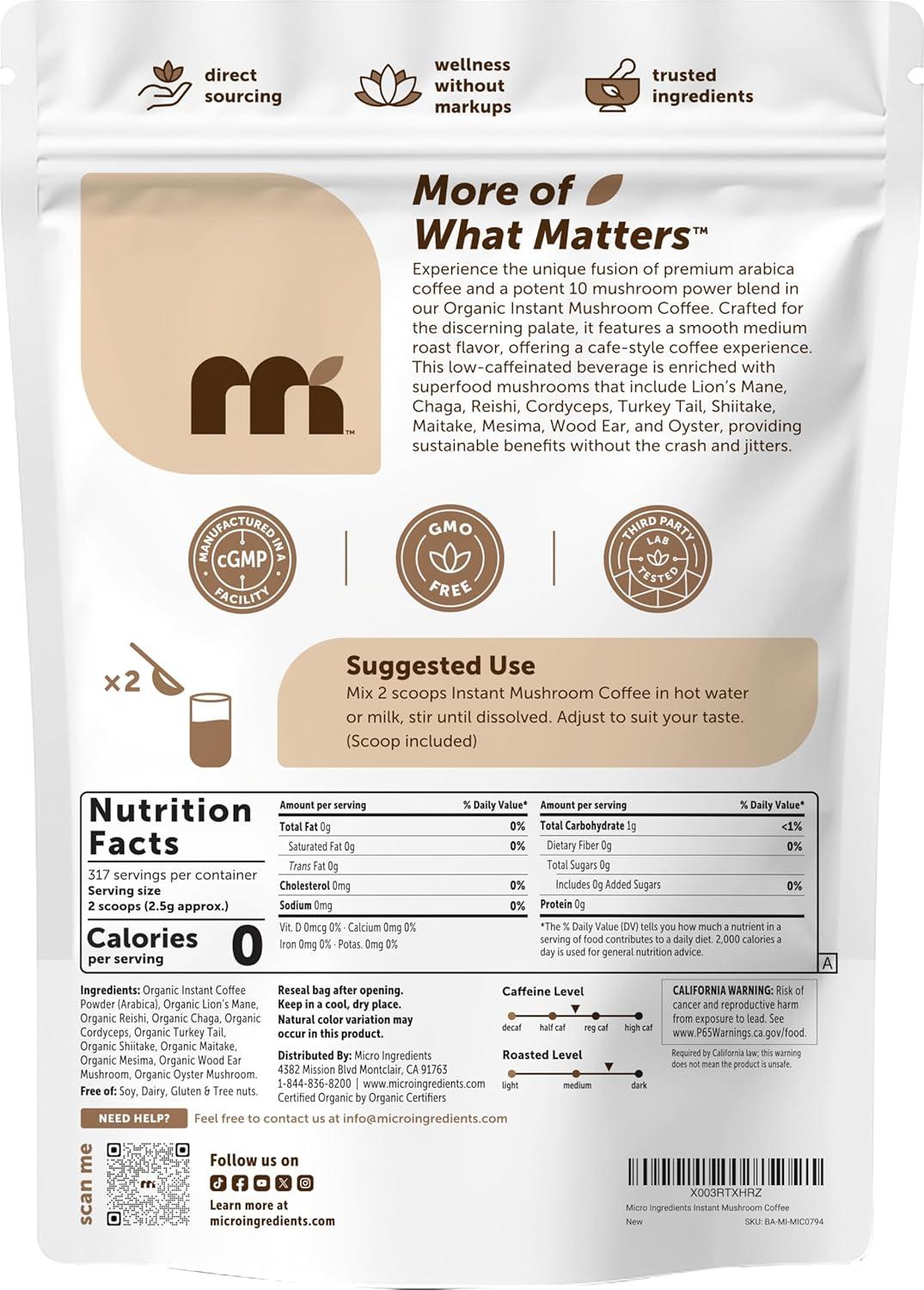 image:imageMicro Ingredients Organic Instant 10 in 1 Mushroom Coffee Powder 28 Ounce 317 Servings Premium Arabica Coffee with Lions Mane Chaga Reishi amp More28 Ounce Pack of 1