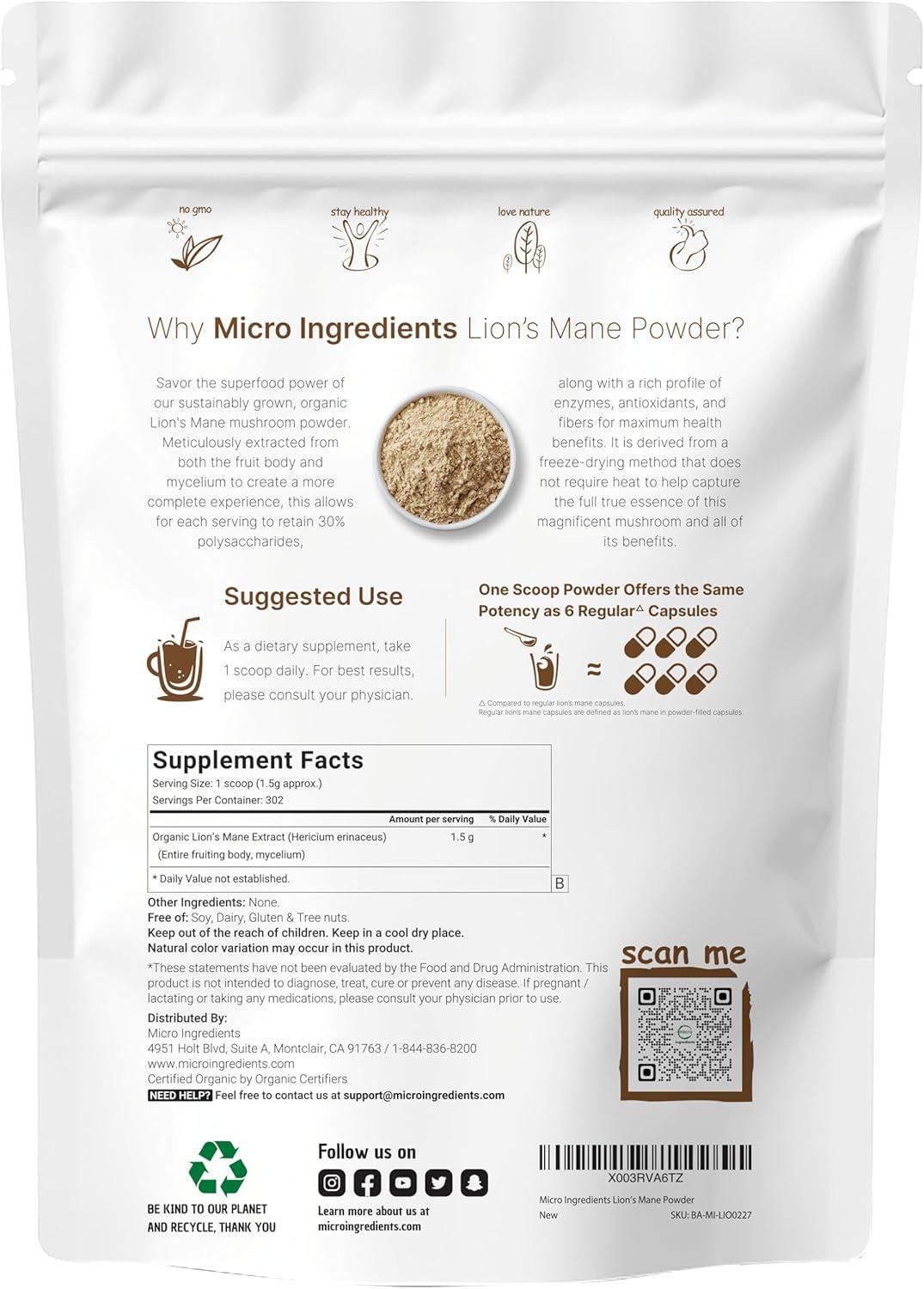 image:imageMicro Ingredients Organic Lions Mane Mushroom Powder 16oz Pure Fruiting Body Superfood Supports Brain Focus Energy amp Immune Health Great for Smoothies amp Coffee Filler Free Vegan NonGMO16 Ounce Pack of 1